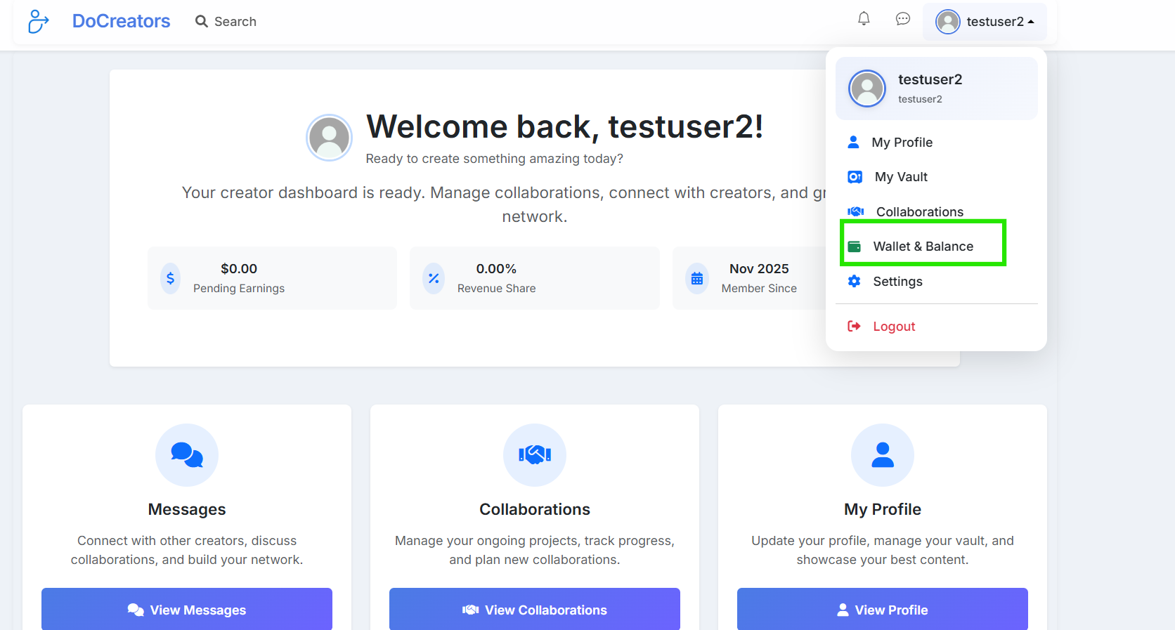 Wallet & Balance menu