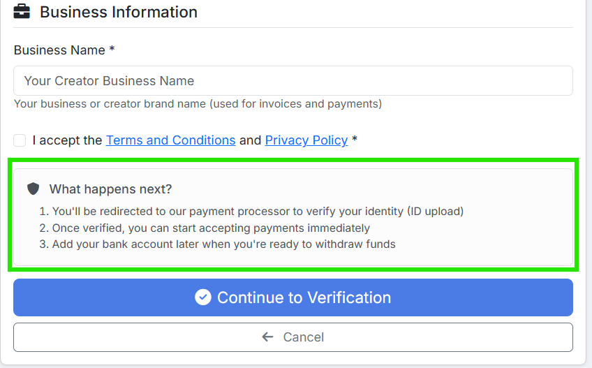 Business information and Stripe